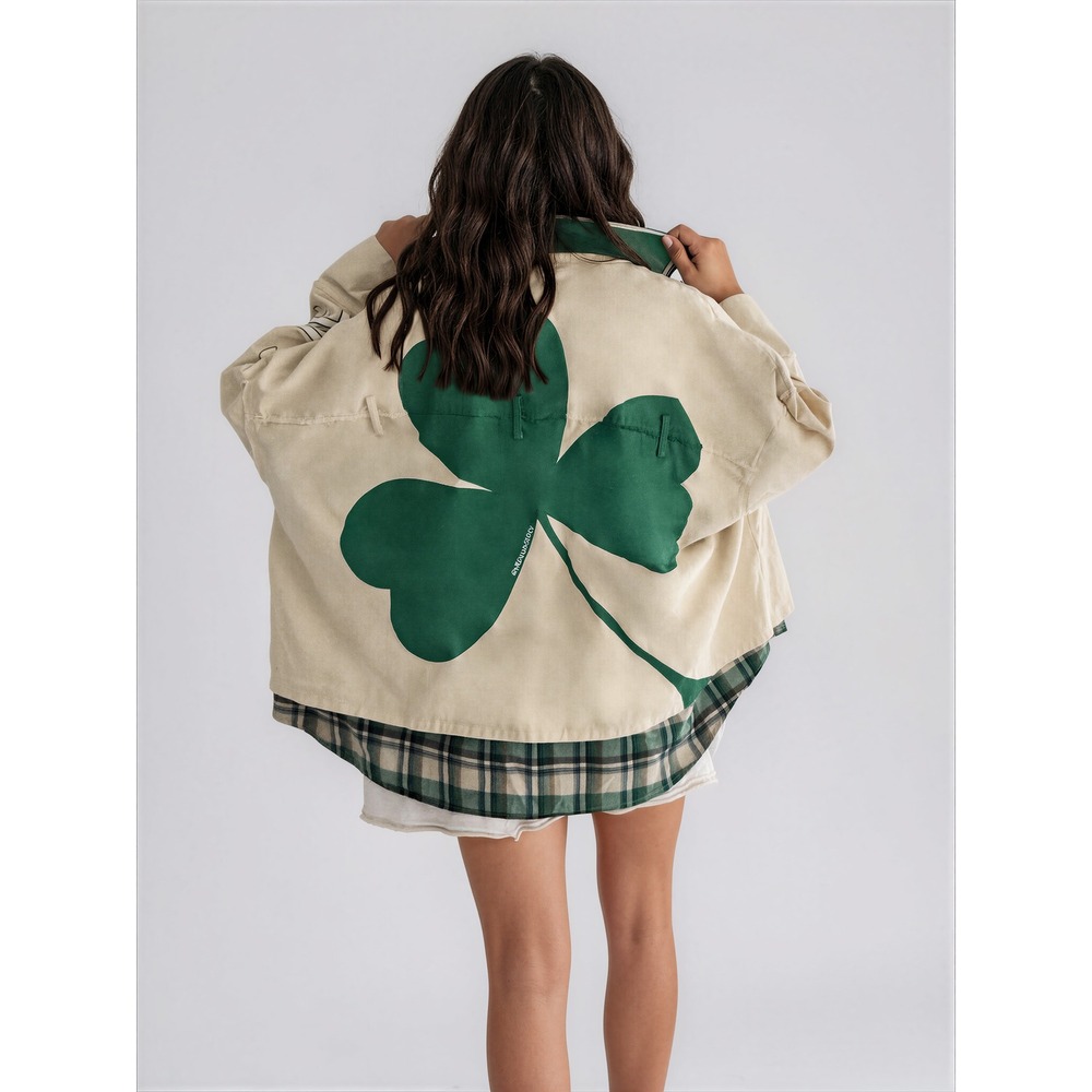 Wren and Glory Kiss Me Jacket One Size Hand Painted Shamrock Plaid Layered Cream